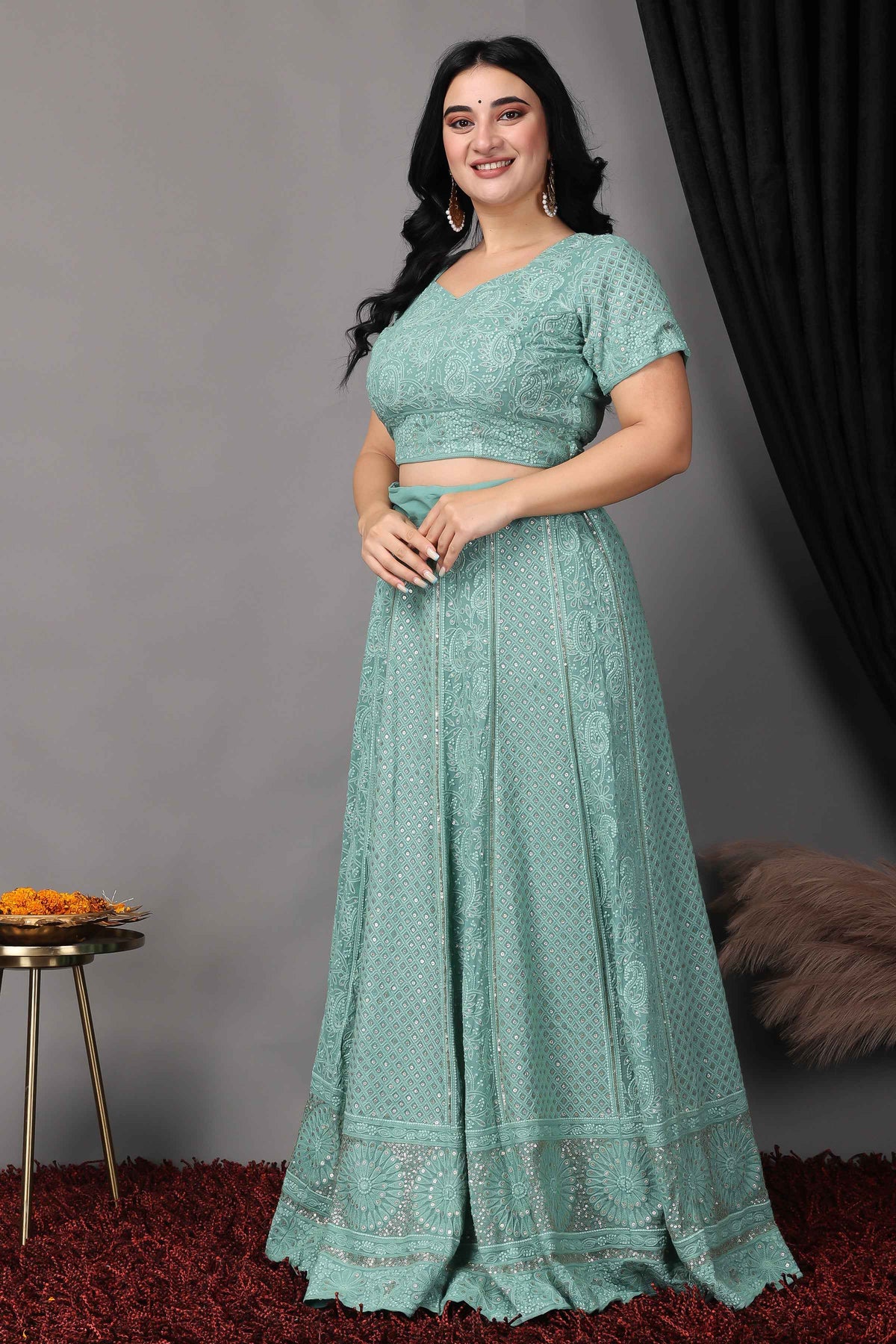 Buy Plus Size ​Sureeli Jhankaar Lucknowi Sequin Lehenga At Apella | Sizes XS to 10 XL | India | Free Delivery | Customized