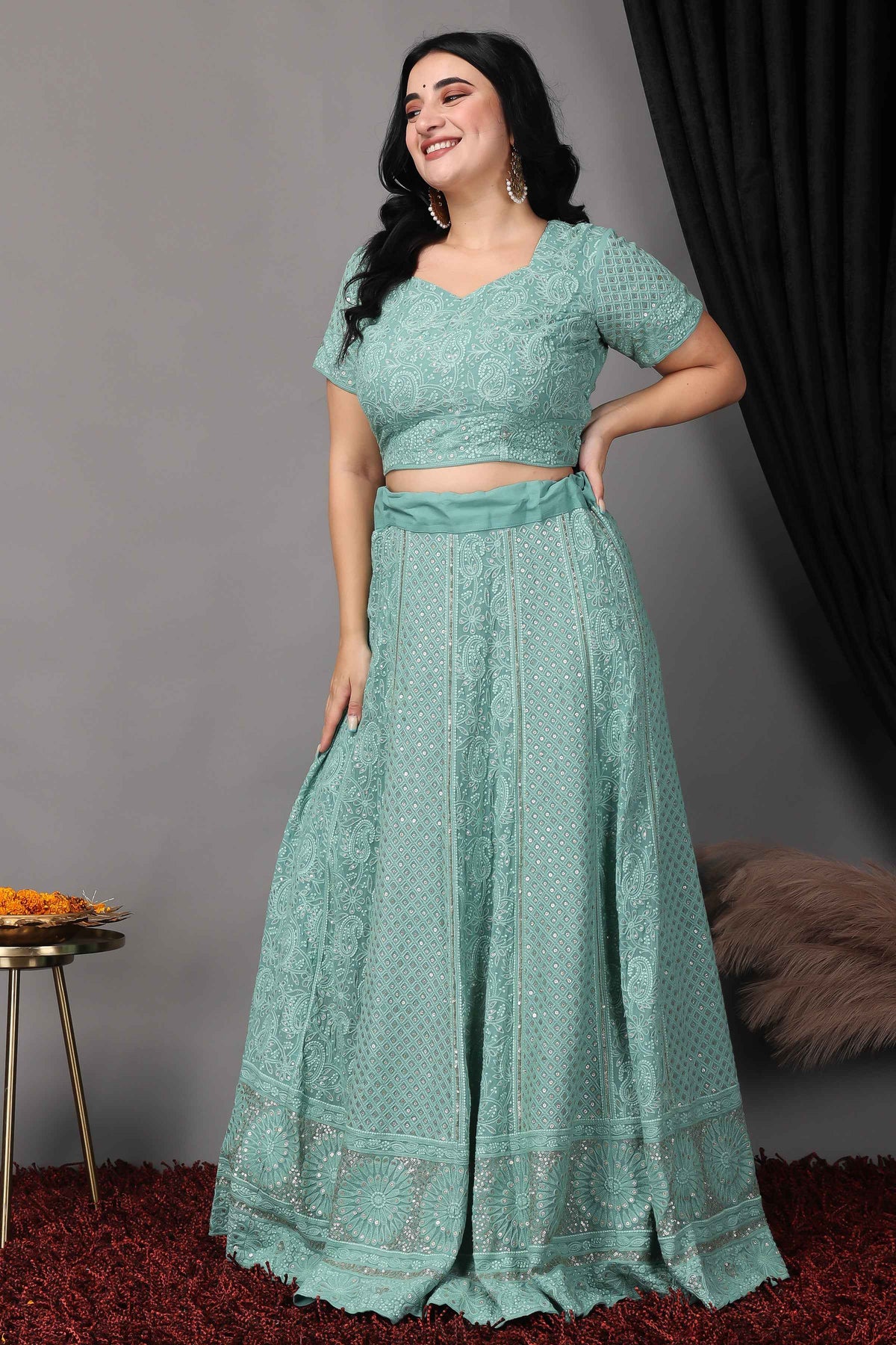 Buy Plus Size ​Sureeli Jhankaar Lucknowi Sequin Lehenga At Apella | Sizes XS to 10 XL | India | Free Delivery | Customized
