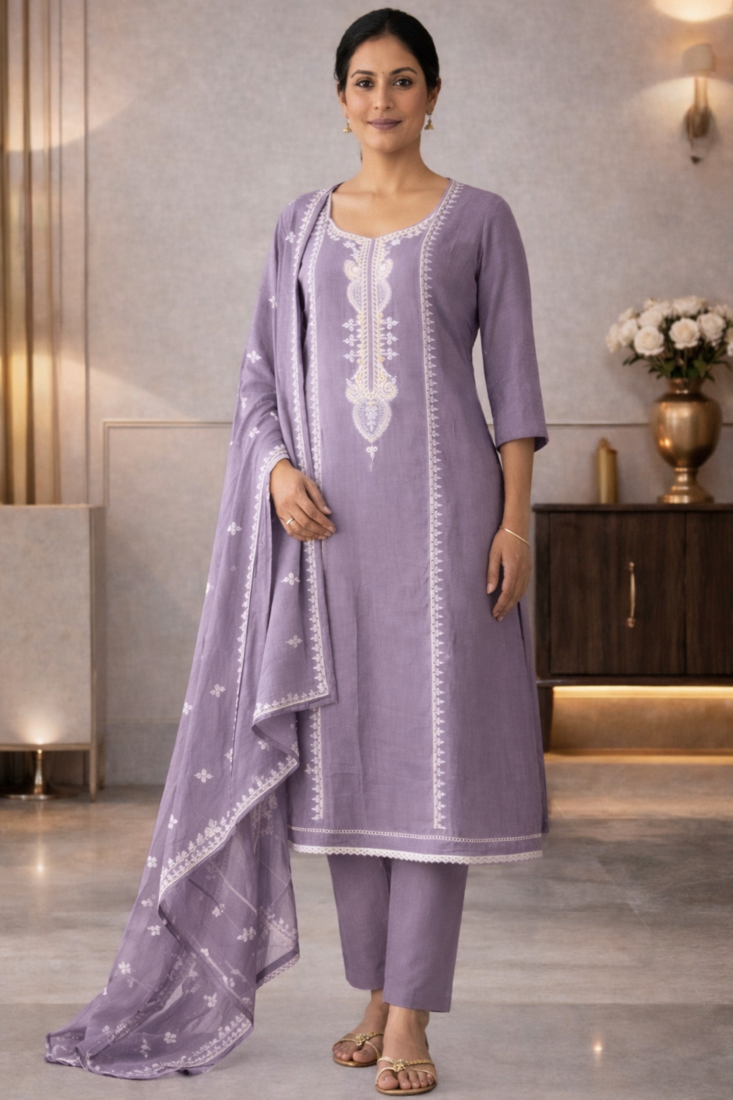 Dusty Mauve Embroidered Muslin Suit