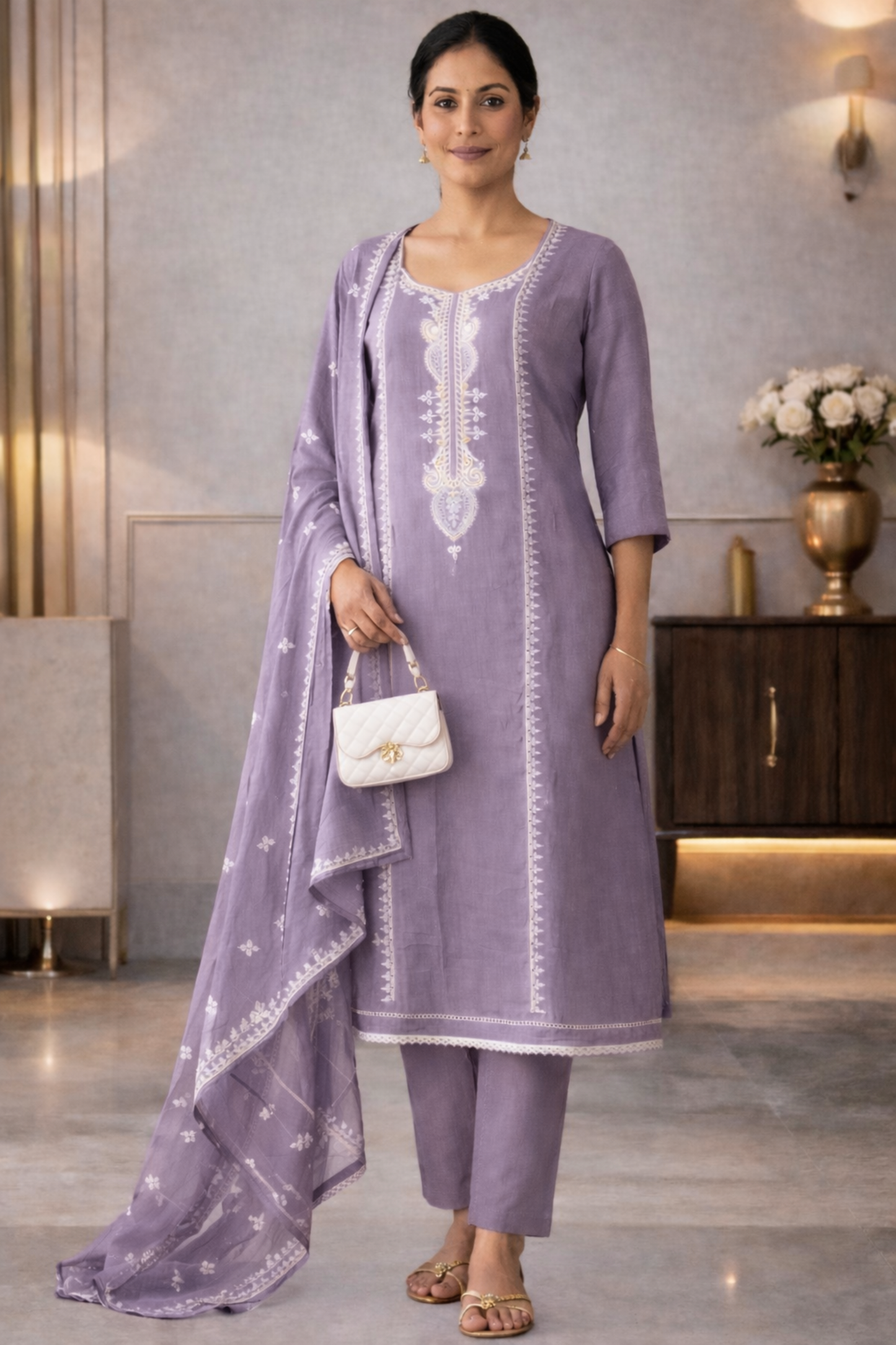Dusty Mauve Embroidered Muslin Suit