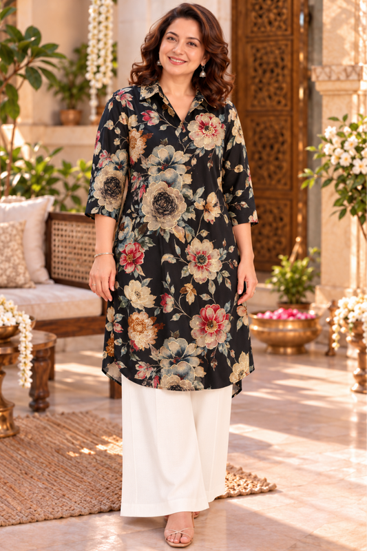 Noir Rose Foiled Crepe Kurta With Pockets