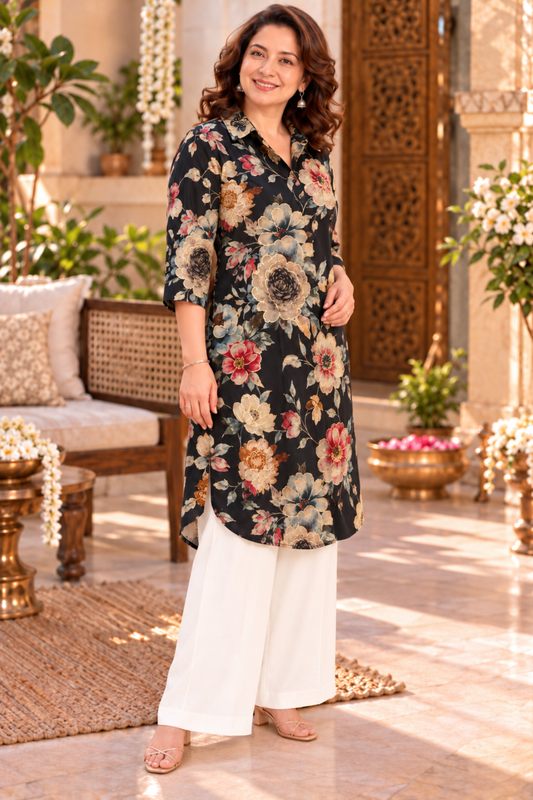Noir Rose Foiled Crepe Kurta With Pockets