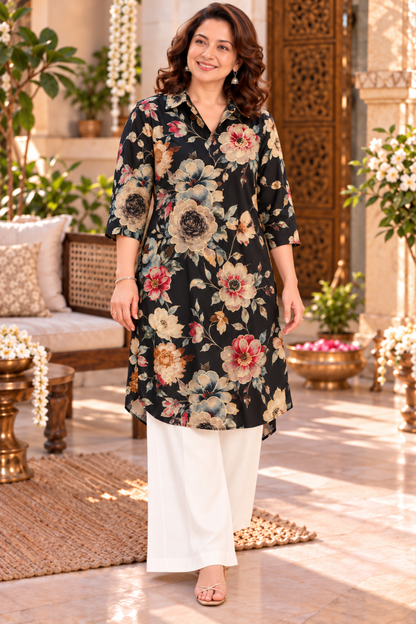 Noir Rose Foiled Crepe Kurta With Pockets