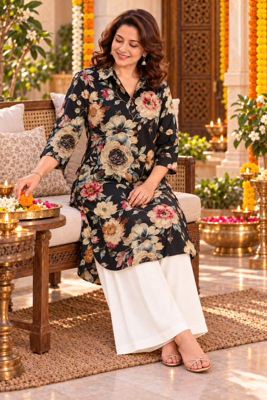 Noir Rose Foiled Crepe Kurta With Pockets