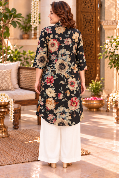 Noir Rose Foiled Crepe Kurta With Pockets