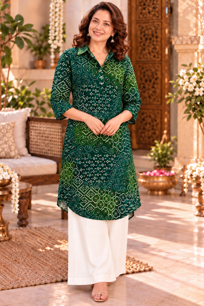 Emerald Green Bandhani Kurta With Pockets