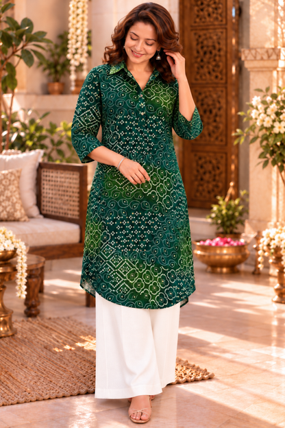Emerald Green Bandhani Kurta With Pockets