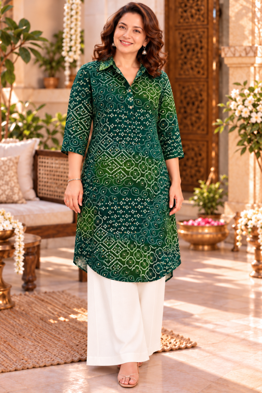 Emerald Green Bandhani Kurta With Pockets