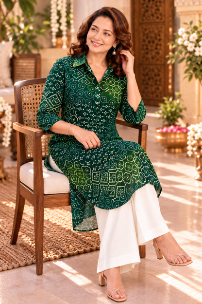 Emerald Green Bandhani Kurta With Pockets