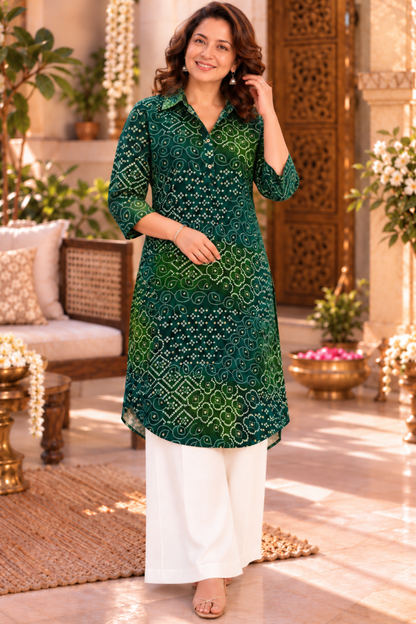 Emerald Green Bandhani Kurta With Pockets