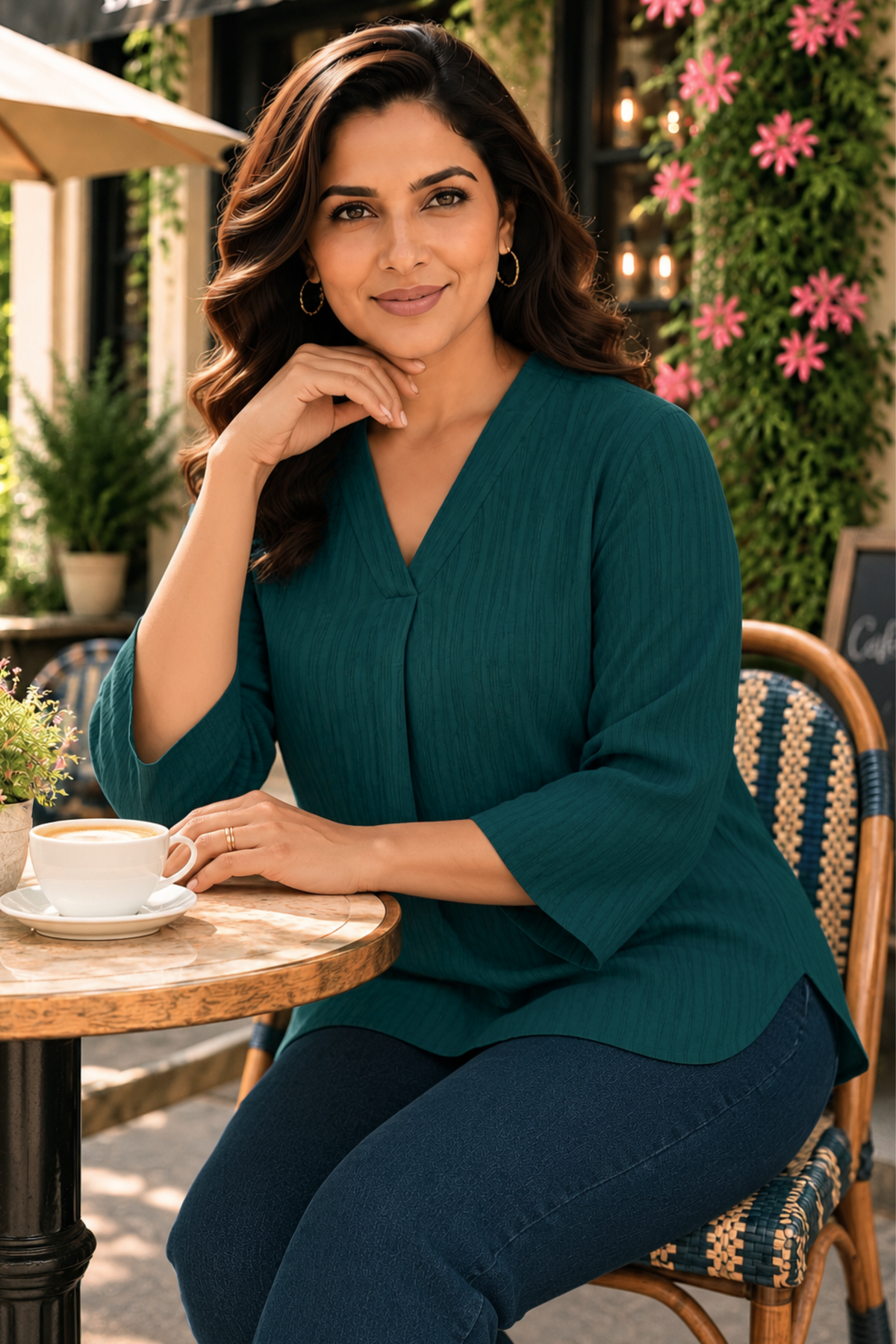 Teal Theory Textured Pleated Top