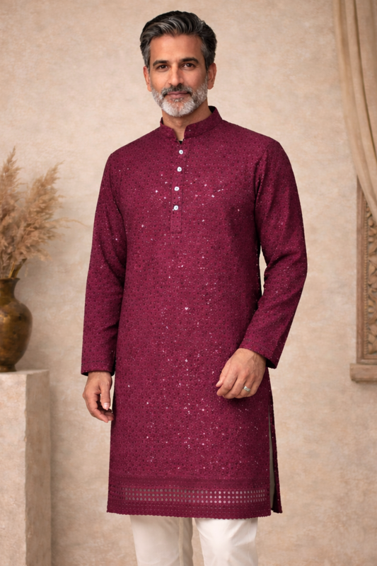 Festive Maroon Sequined Kurta Pajama