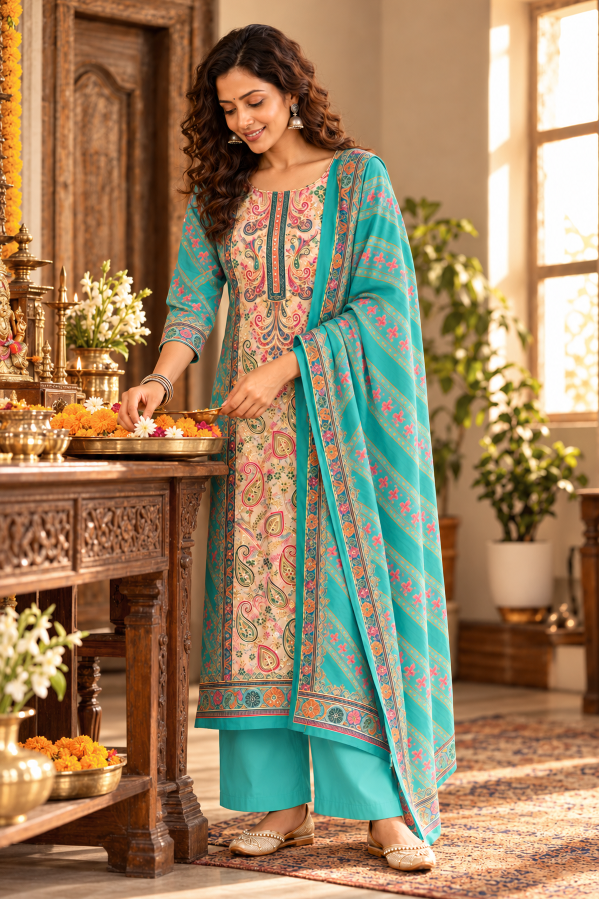 Firozi Sharbat Fancy Suit With Aari Work