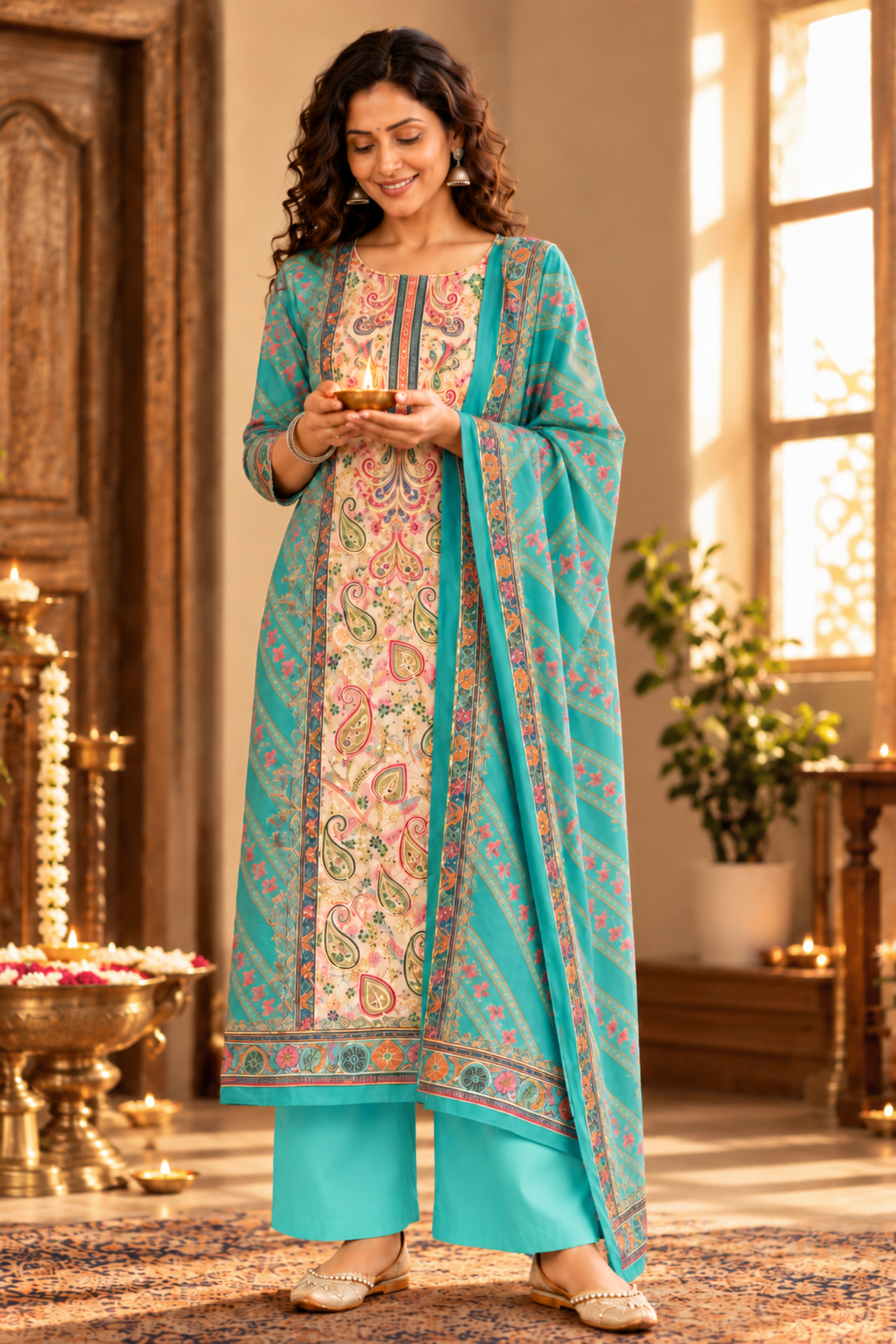 Firozi Sharbat Fancy Suit With Aari Work