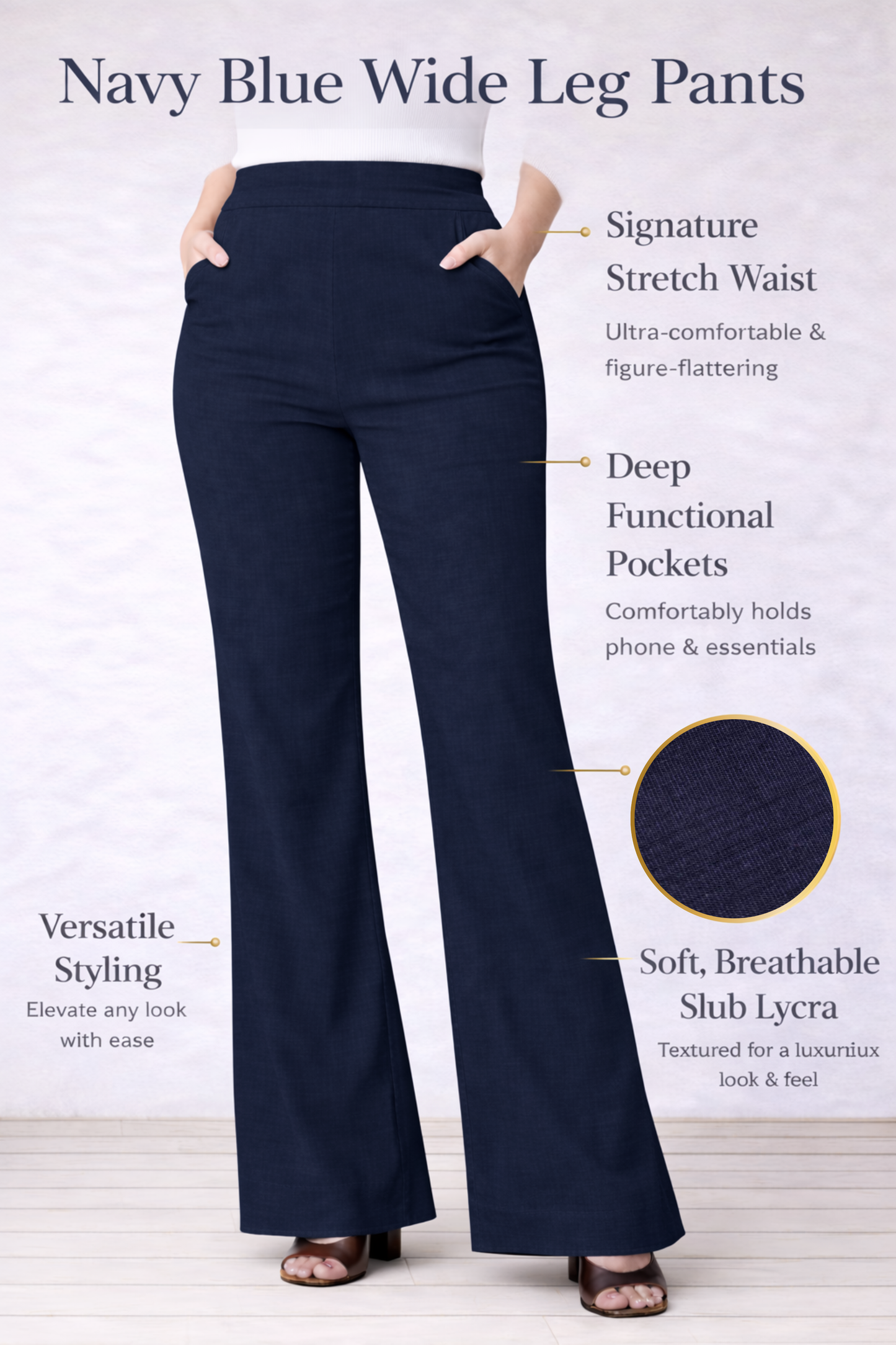 Navy Blue Wide Leg Slub Pants