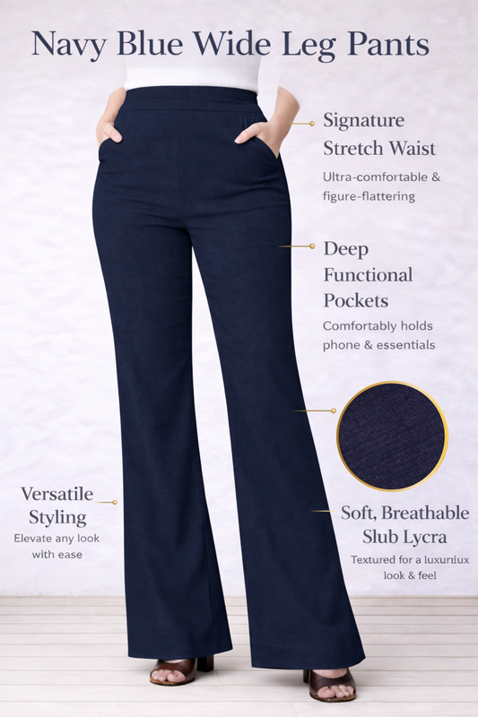 Navy Blue Wide Leg Slub Pants