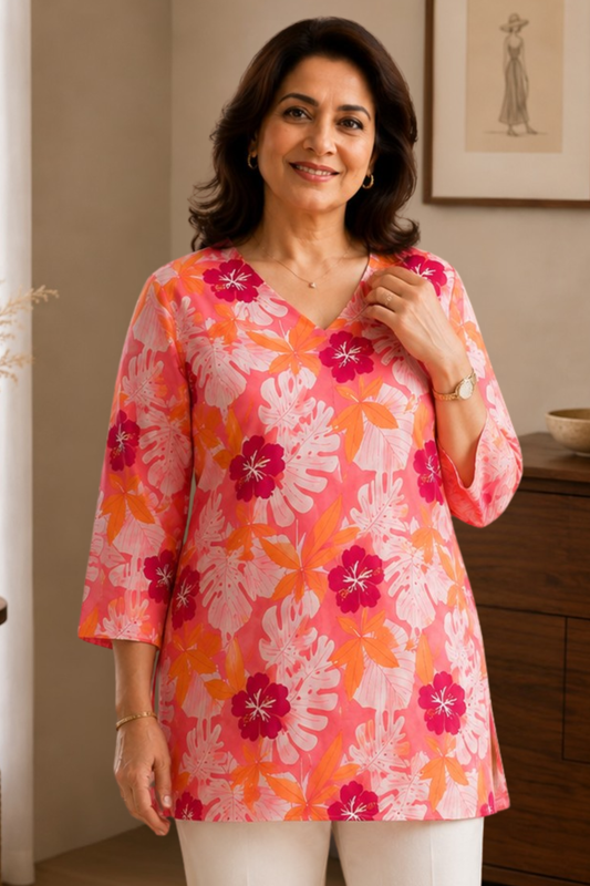 Floral Rose Cotton Short Kurta