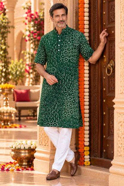 Emerald Green Foiled Bandhani Kurta