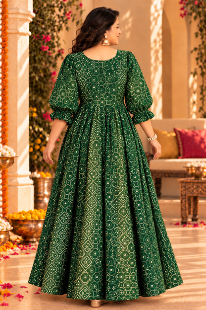 Emerald Green Foiled Bandhani Dress