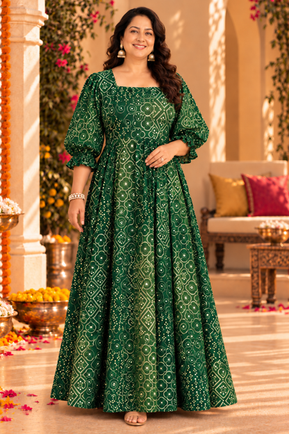 Emerald Green Foiled Bandhani Dress