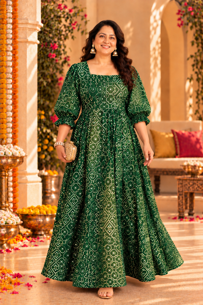 Emerald Green Foiled Bandhani Dress