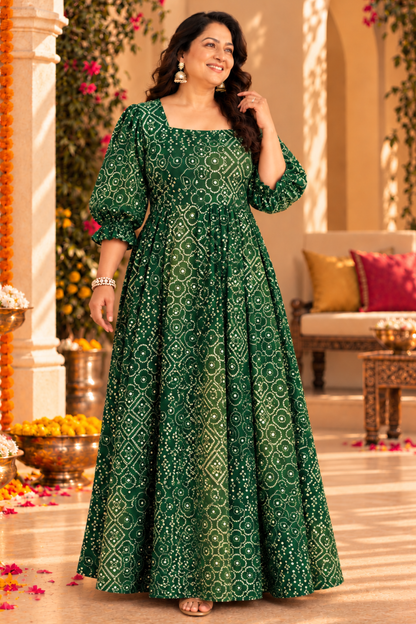 Emerald Green Foiled Bandhani Dress