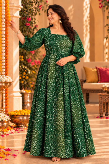 Emerald Green Foiled Bandhani Dress