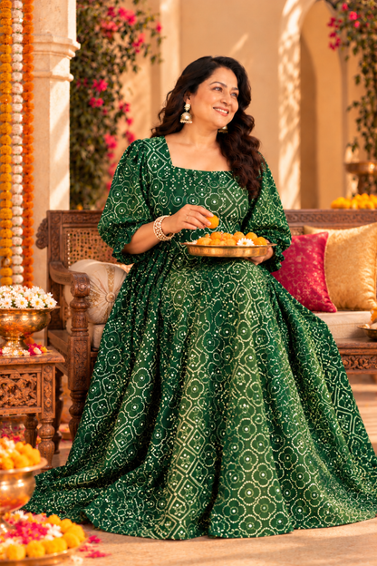 Emerald Green Foiled Bandhani Dress