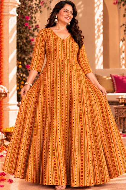Golden Trails Printed Dress With Pockets