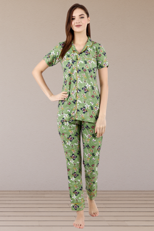 Green Floral Cotton Night Suit