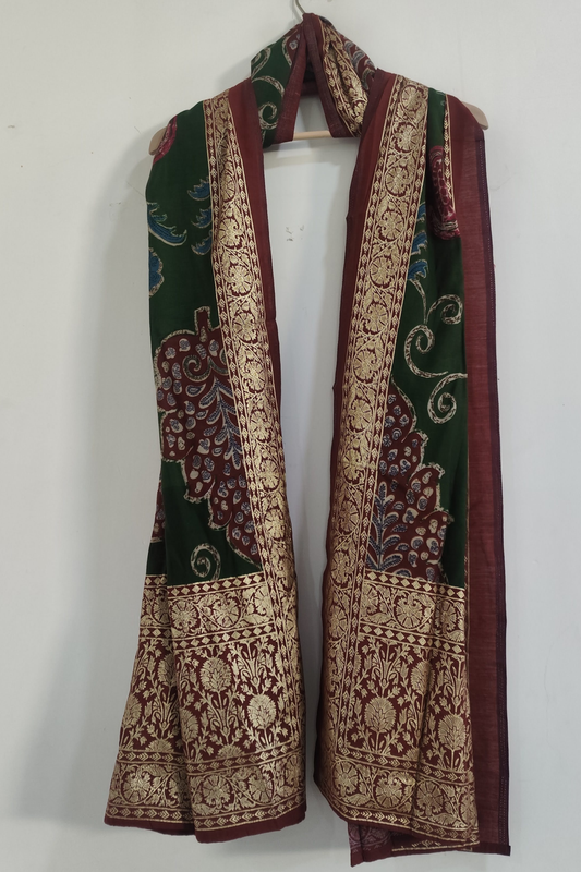 Bottle Green Floral Silk Dupatta