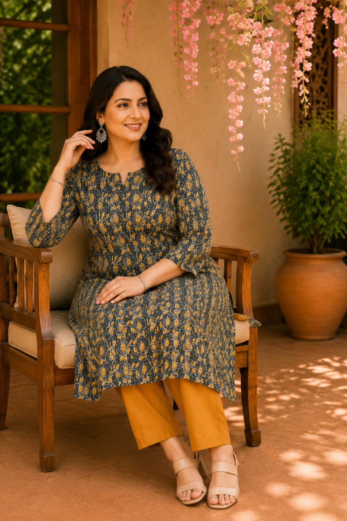 Green Block Printed Katha Kurta