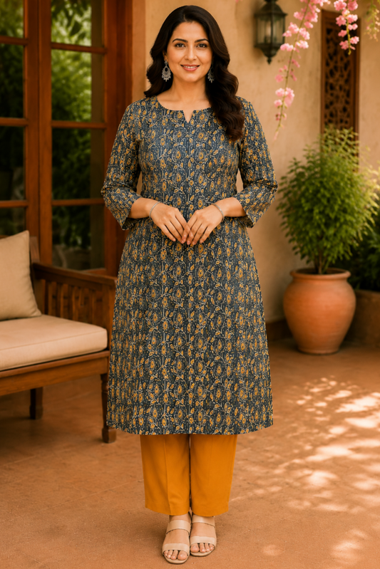 Green Block Printed Katha Kurta