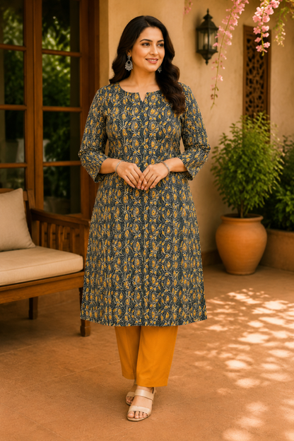 Green Block Printed Katha Kurta