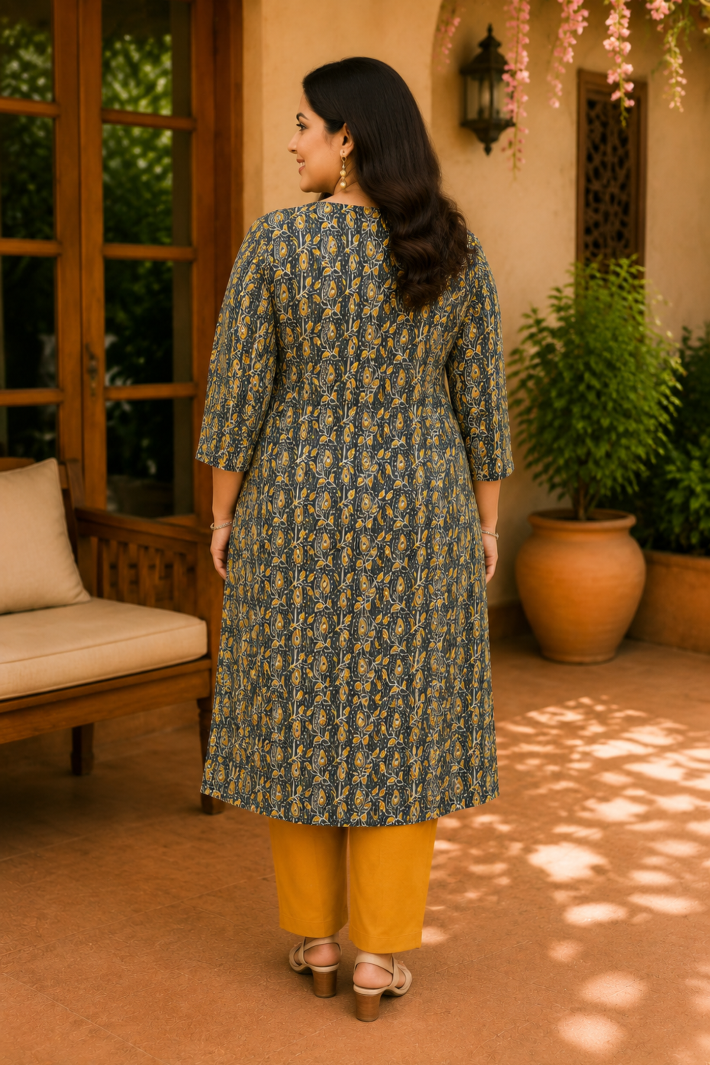 Green Block Printed Katha Kurta