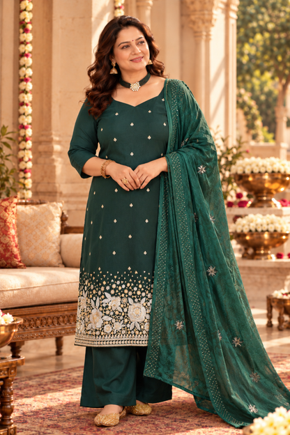 Green Panna Embroidered Fancy Suit