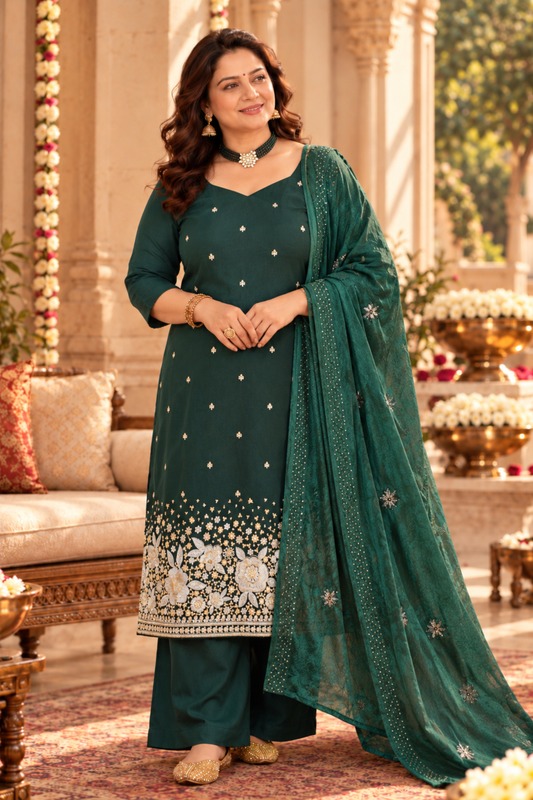 Green Panna Embroidered Fancy Suit