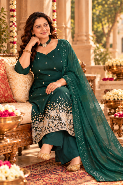 Green Panna Embroidered Fancy Suit