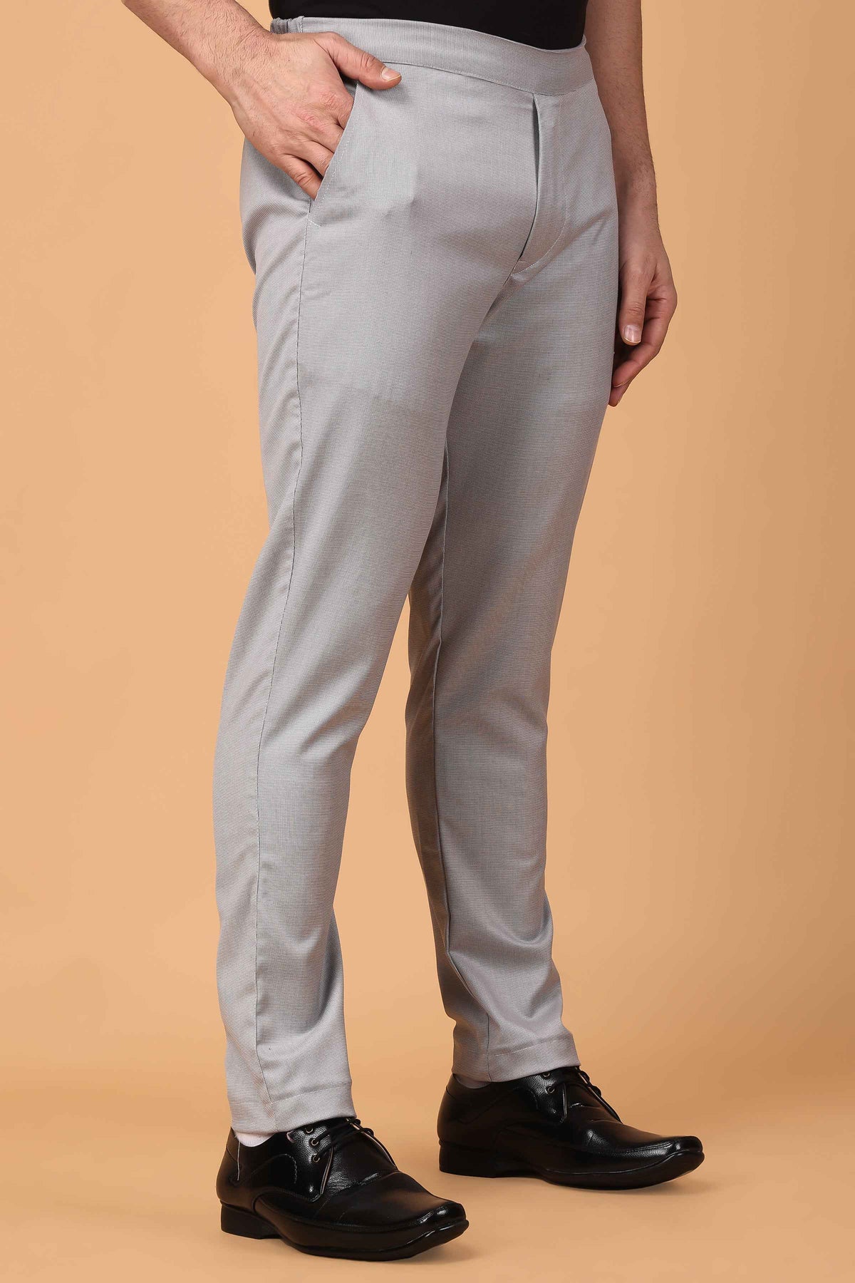 Grey Textured Comfort Fit Formal Trousers