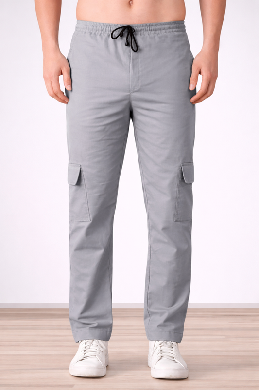 Grey Textured Cotton Cargo Pants
