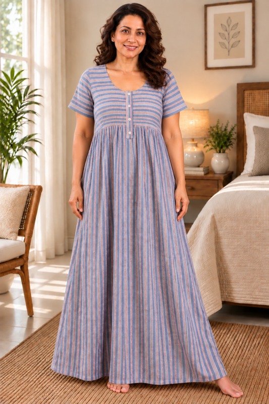 Grey Striped Cotton Night Gown