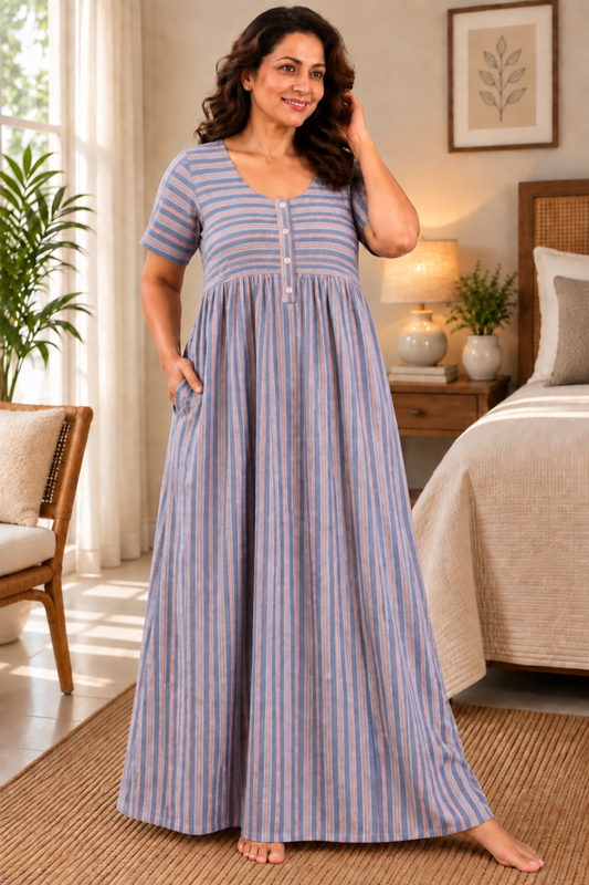 Grey Striped Cotton Night Gown