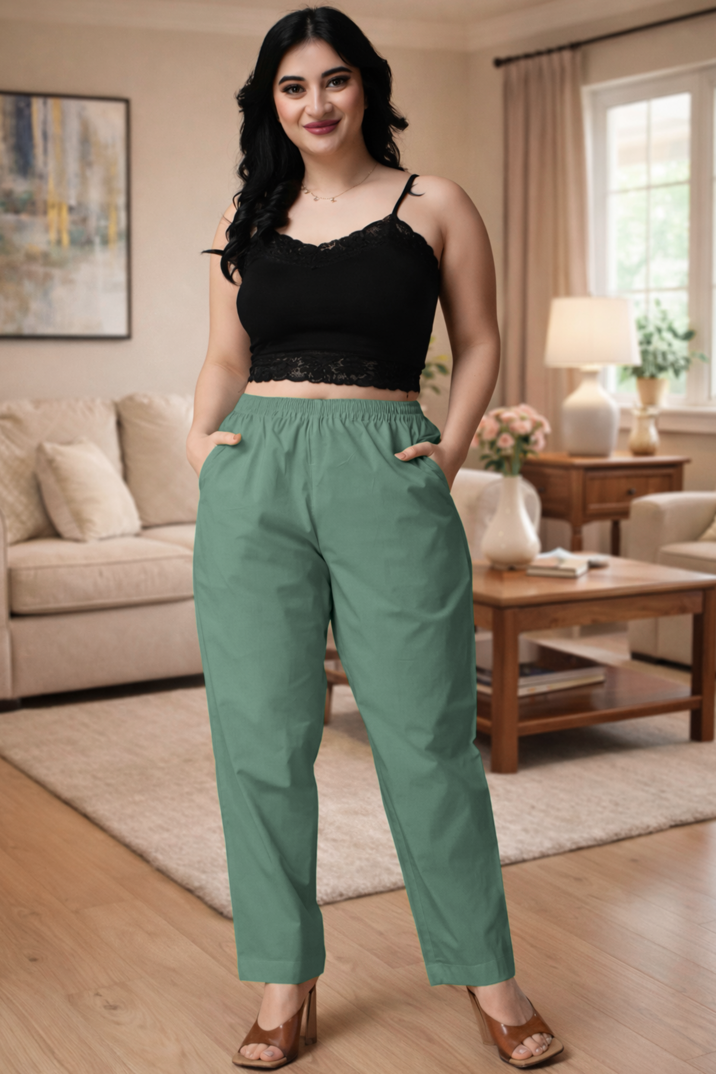 Greyish Green Cotton Kurti Pant