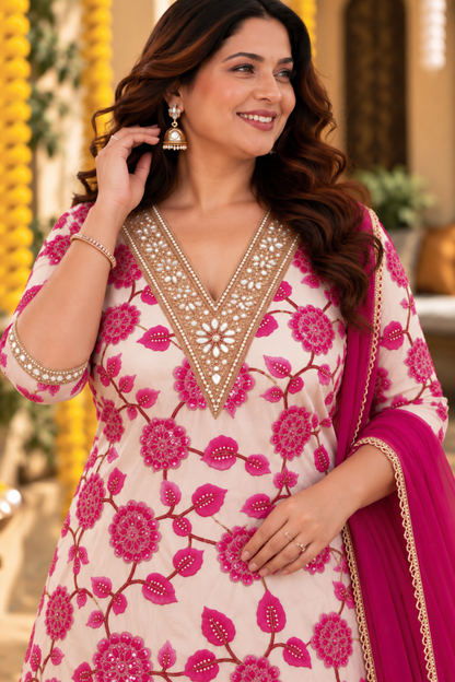 Zoya Pink Silk Skirt Suit with Pearl Work