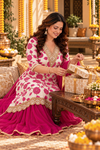 Zoya Pink Silk Skirt Suit with Pearl Work