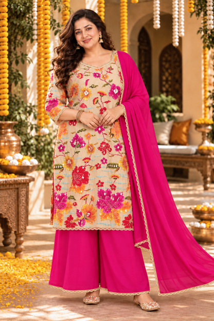 Gulabi Noor Chinon Suit with Placement Work