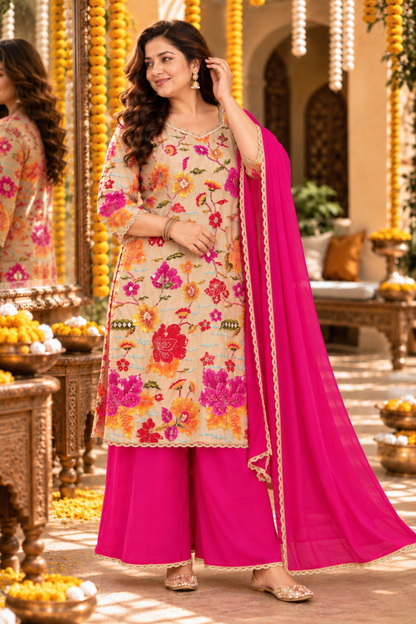 Gulabi Noor Chinon Suit with Placement Work