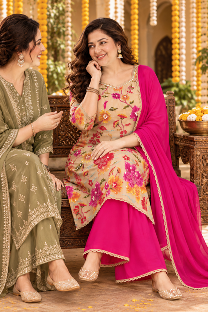 Gulabi Noor Chinon Suit with Placement Work
