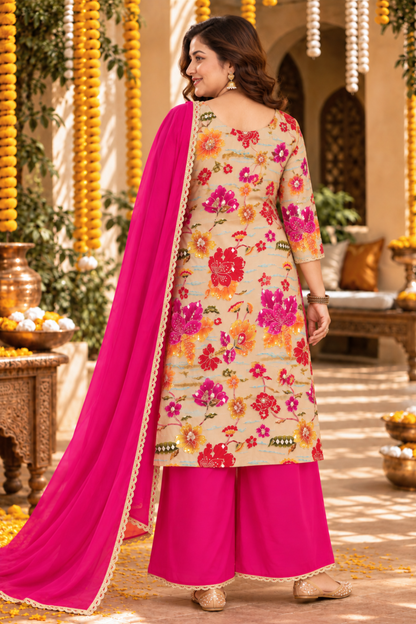 Gulabi Noor Chinon Suit with Placement Work