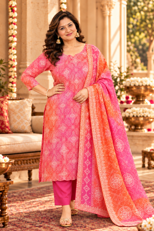 Gulabi Phagun Bandhej Suit Set